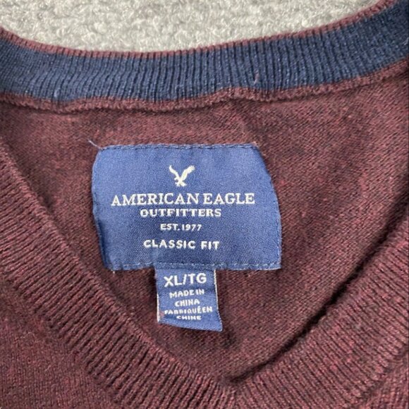 American Eagle Sweater Men's Extra Large Maroon Classic Fit V-Neck XL Cotton - Picture 6 of 8